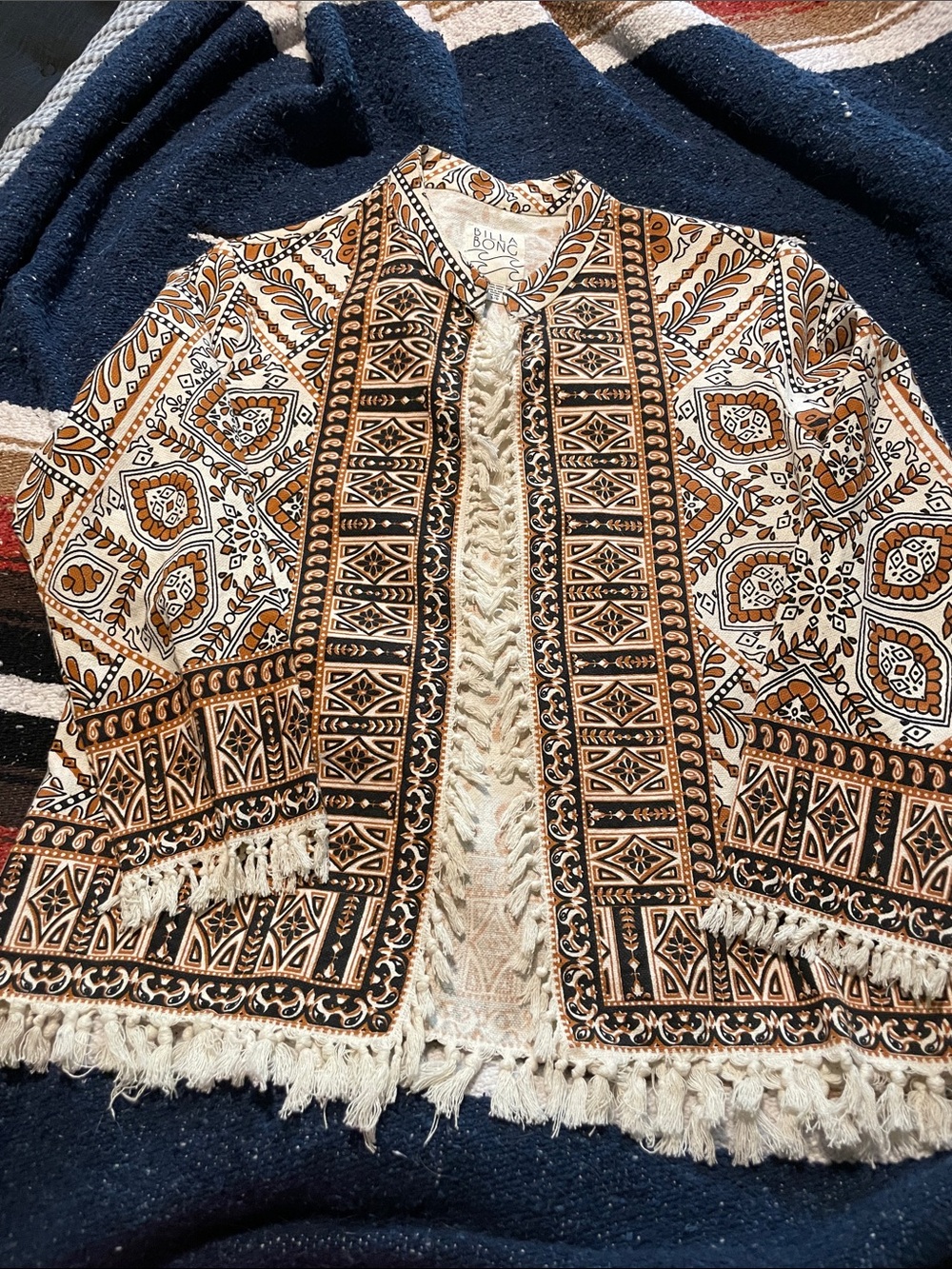 Billabong Cream & Brown Boho Fringe Open-Front Jacket